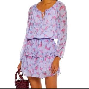 LoveShackFancy Lavender Floral Long Sleeve Tiered Mini Dress